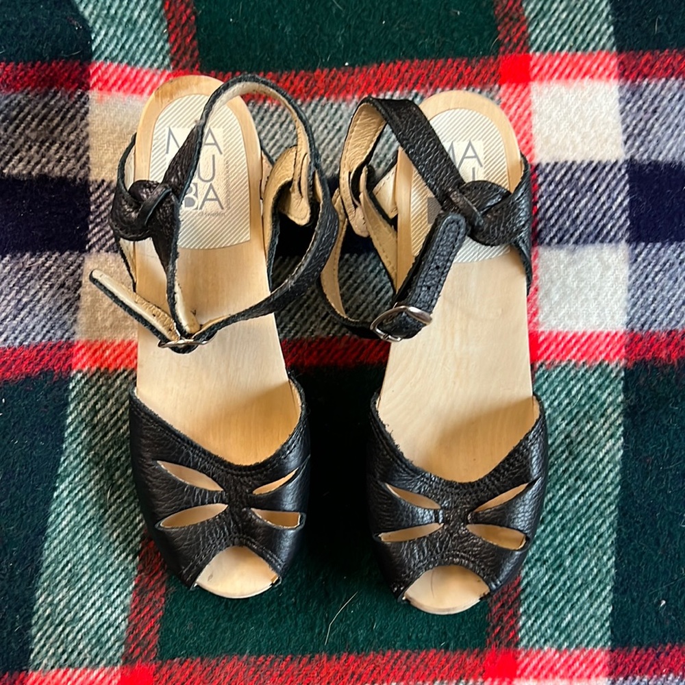 Rio clogs by Maguba of Sweden Black Pebbled leather and Wood clogs